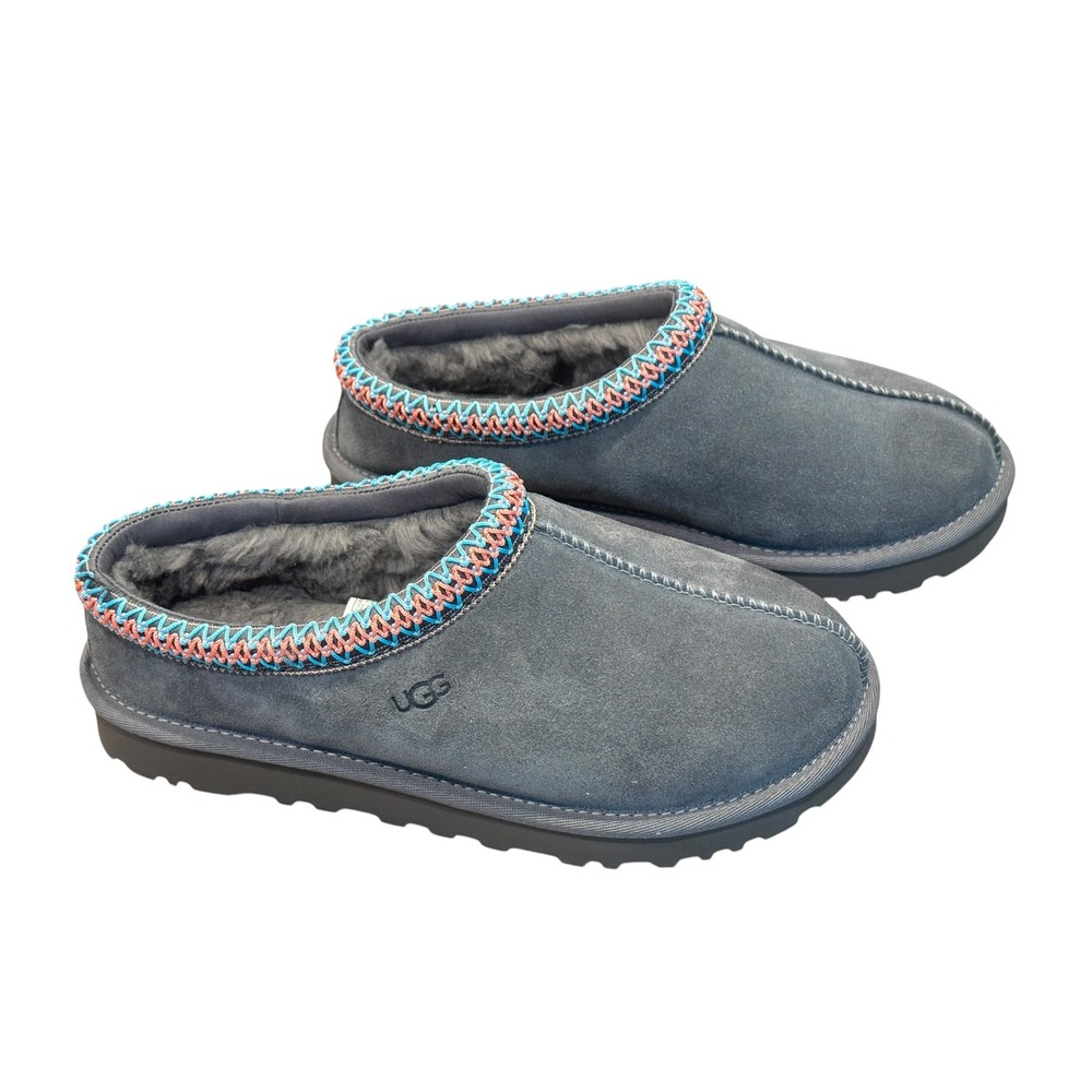 UGG Tasman Women Dark Grey Suede Sheepskin Slippers Embroidered Braid Size 7